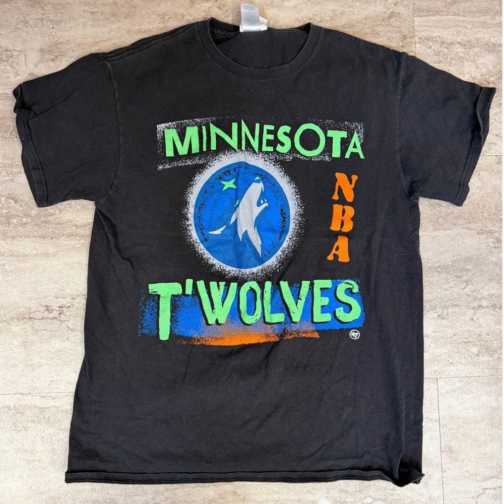 47 Brand Minnesota Timberwolves NBA T-Shirt Black Neon Vintage Tubular Mens M